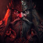 A fierce warrior king with a detailed helmet and glowing eyes, surrounded by a dark, fiery atmosphere, depicting strength and power.