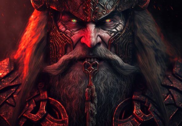 A fierce warrior king with a detailed helmet and glowing eyes, surrounded by a dark, fiery atmosphere, depicting strength and power.